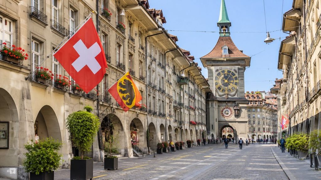 Zytglogge clock tower and historic Old Town street in Bern, Switzerland
