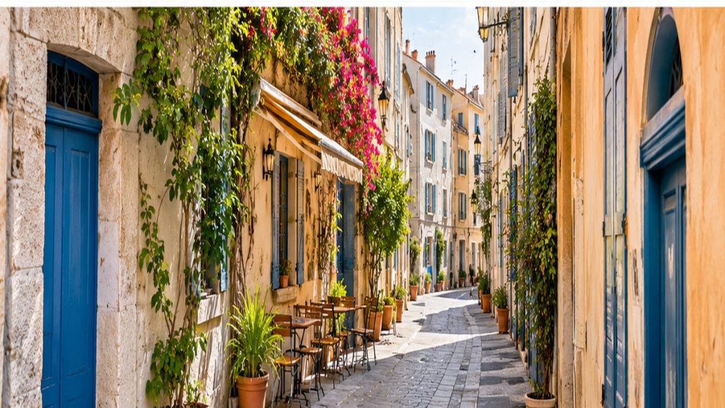 Historic street in Marseille with traditional buildings and outdoor cafés
