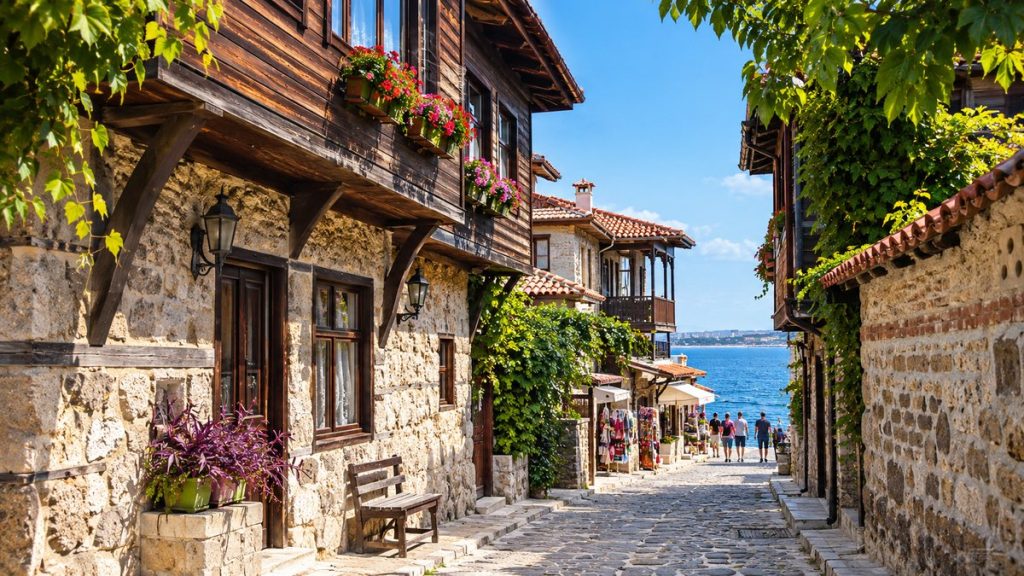 Sunny Beach Bulgaria coastline with sandy beach, hotels and Black Sea waters.