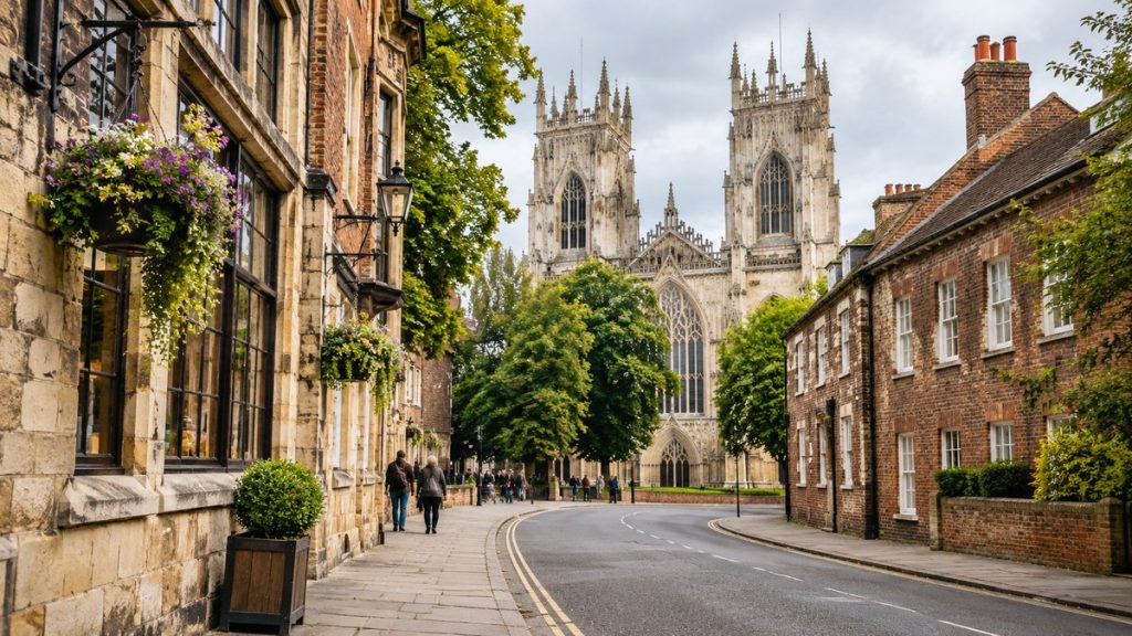 Historic cobbled shopping street in York, England, with traditional timber buildings.
