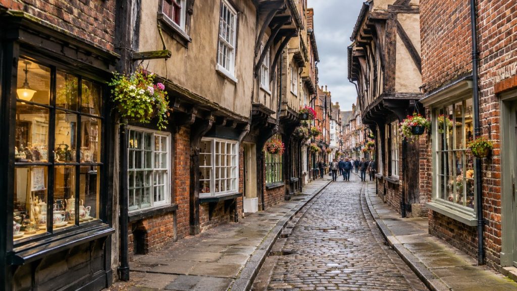 Historic street in York, England, leading towards York Minster.