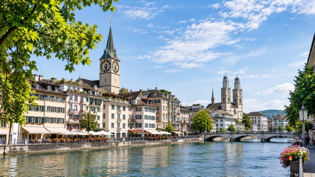 Zurich old town along the Limmat River with historic buildings and church towers